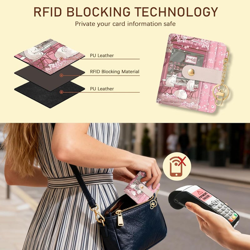 Jogjam Cute Kawaii White Cats Rfid Ladies Wallet, Small Credit Card Women Wallet, Japanese Dessert House PU Leather Bifold Cash Zipper Coin Pocket for Female - Image 3
